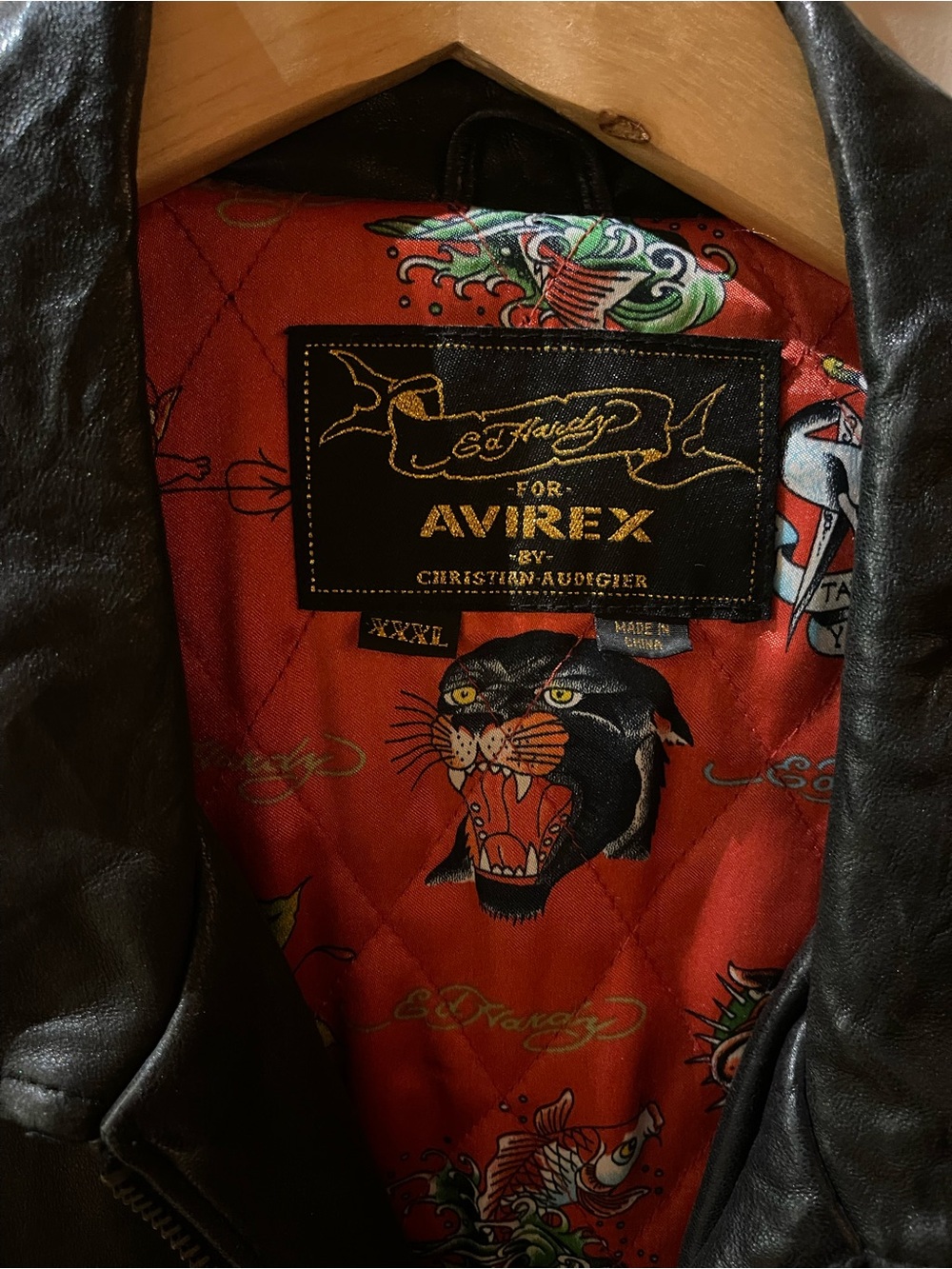 Avirex Ed Hardy NYC Leather Bomber with Red Graphic Quilted Lining